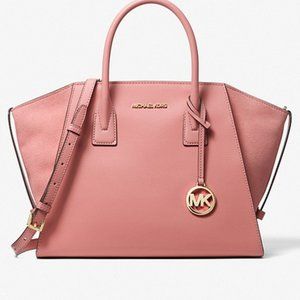 🌹MICHAEL KORS LARGE AVRIL LEATHER SATCHEL w/CROSS BODY STRAP AND SATIN D…